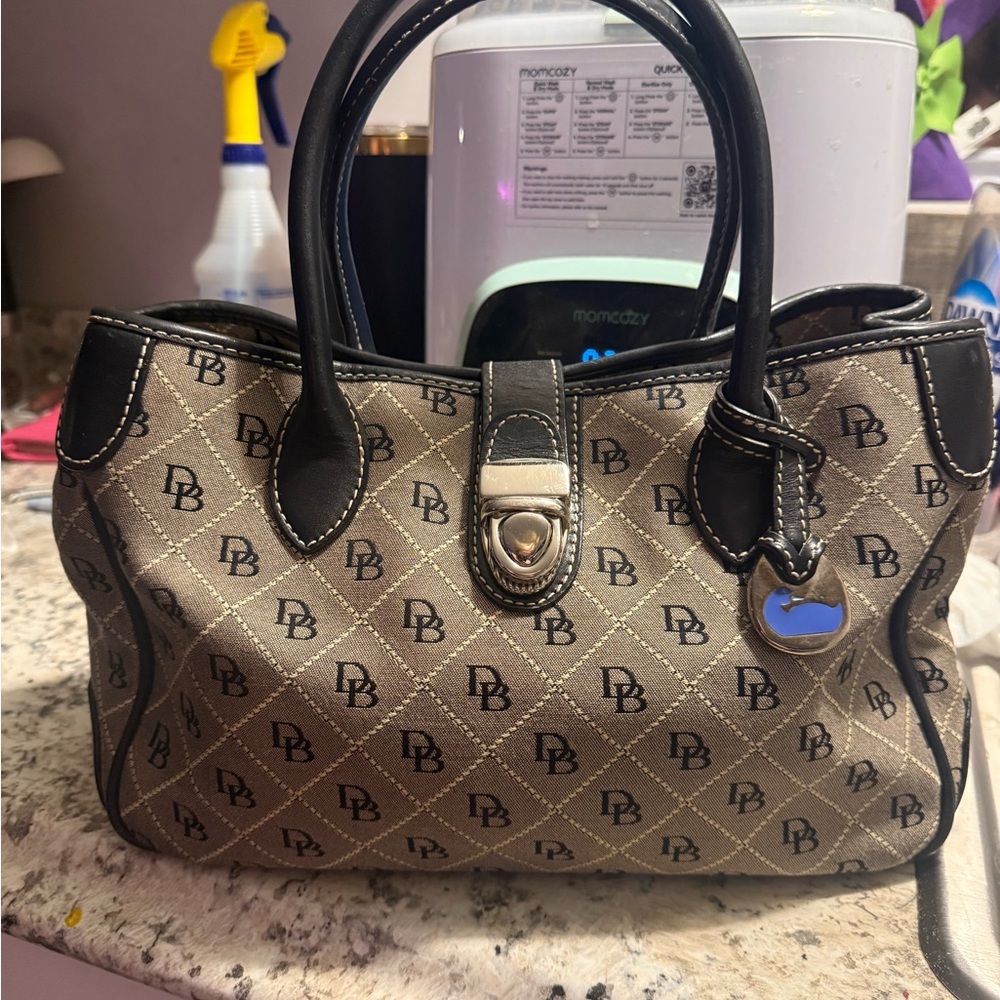 Dooney & Bourke Brown Monogram Quilted Satchel with Black Trim